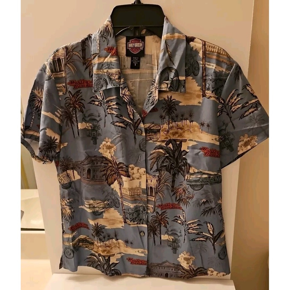 Harley Davidson Women's Blue Short Sleeve Button Up Hawaiian Shirt - Size Small
